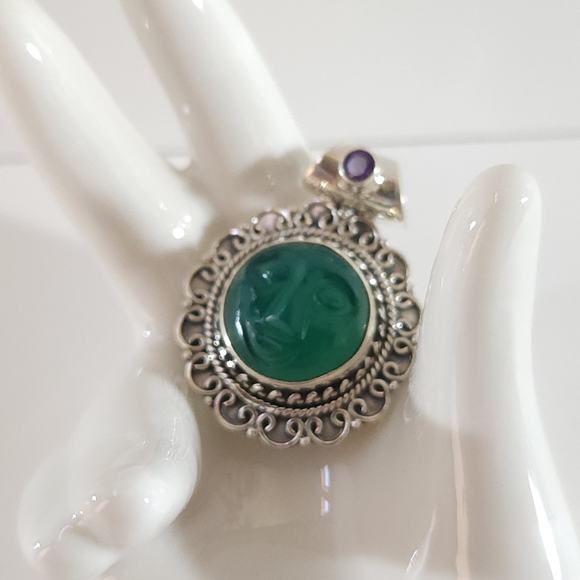 Green Onyx Carved Face Pendant with Amethyst Accent in Sterling Silver - Picture 6 of 13